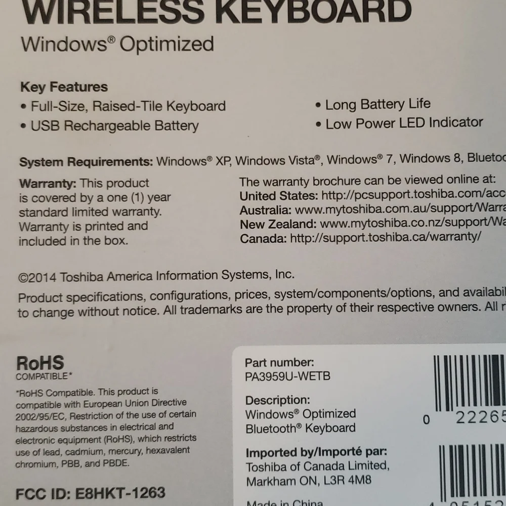 Toshiba Wireless Keyboard Windows Optimized.